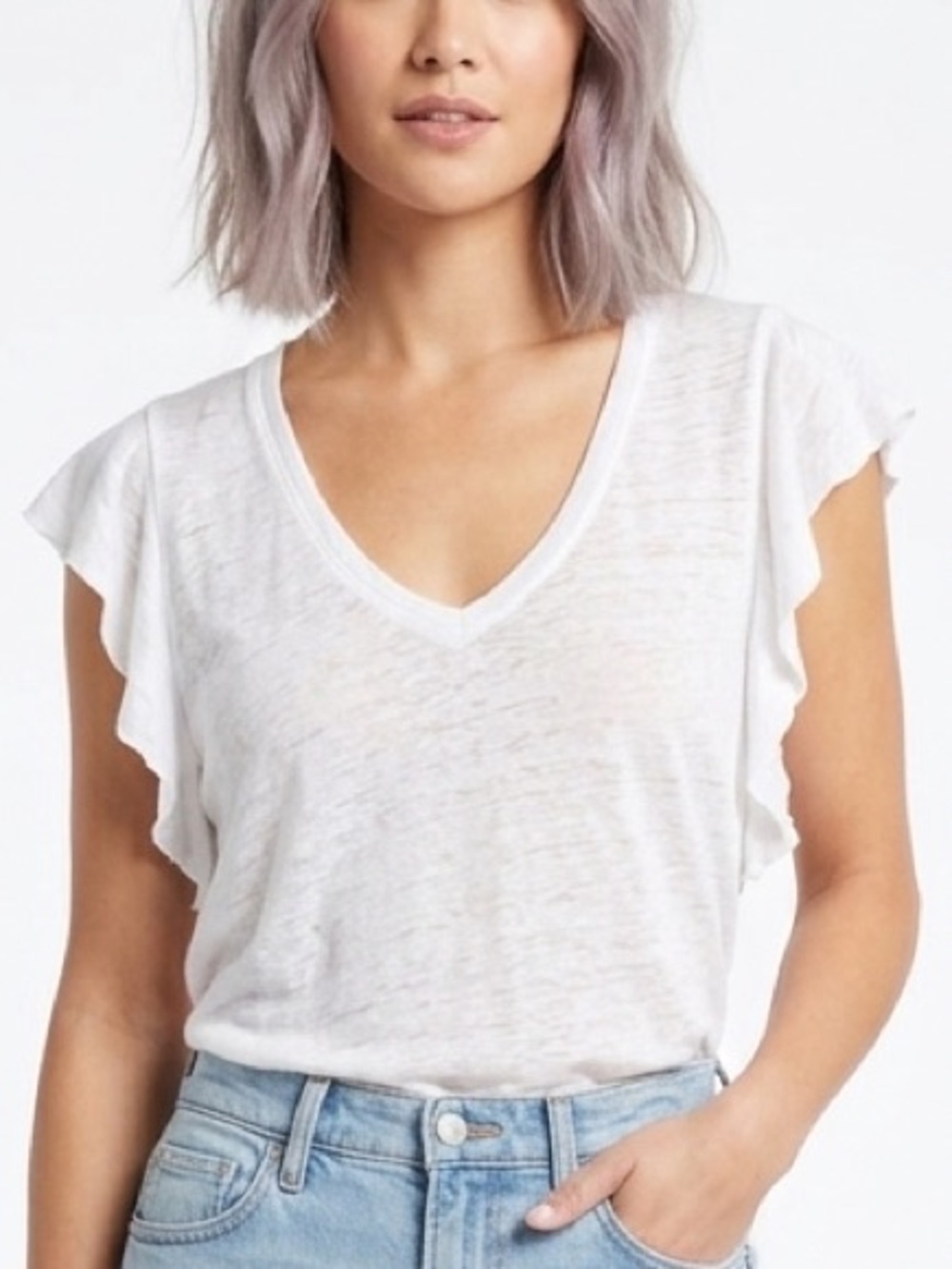 JESSICA SIMPSON White Odin Ruffle Tee Tank Lightweight Semi Sheer V Neck Large